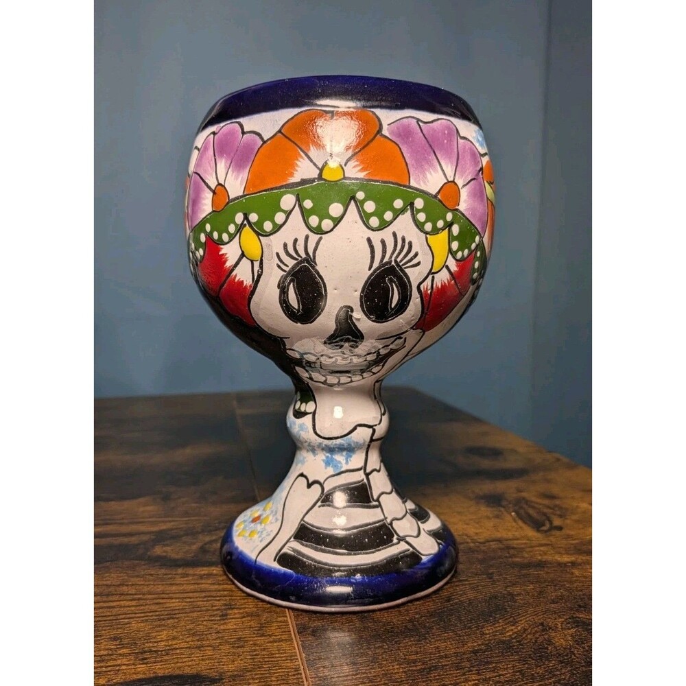 Talavera Mexican Folk Art Pottery Día de los Muertos Tall Decorative Goblet
